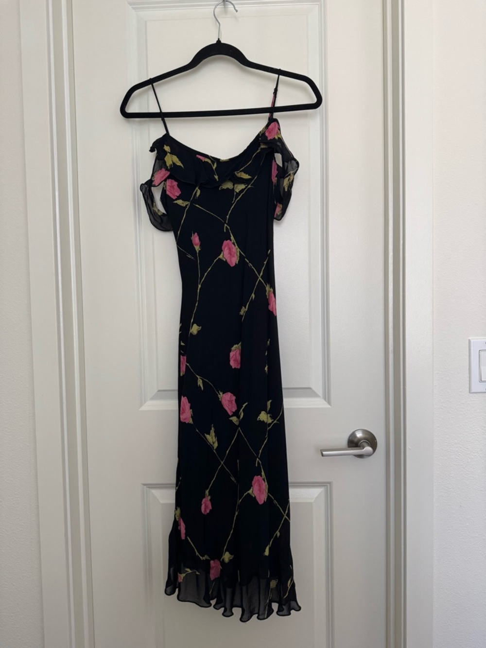 Betsey Johnson Off the shoulder Black Floral Slip Dress with Pink Rose Print